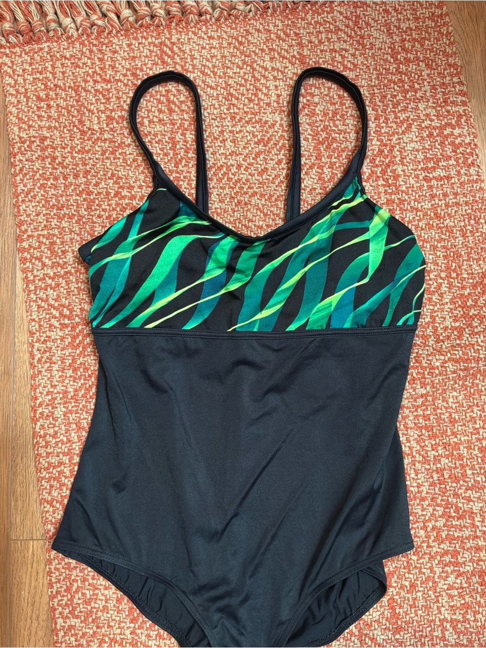 Black One-Piece Swimsuit with Bright Green Print XL 16/18